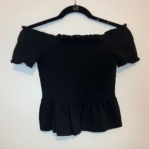 American Eagle Black Smocked Peplum Short Sleeve Top - Size S/P/CH